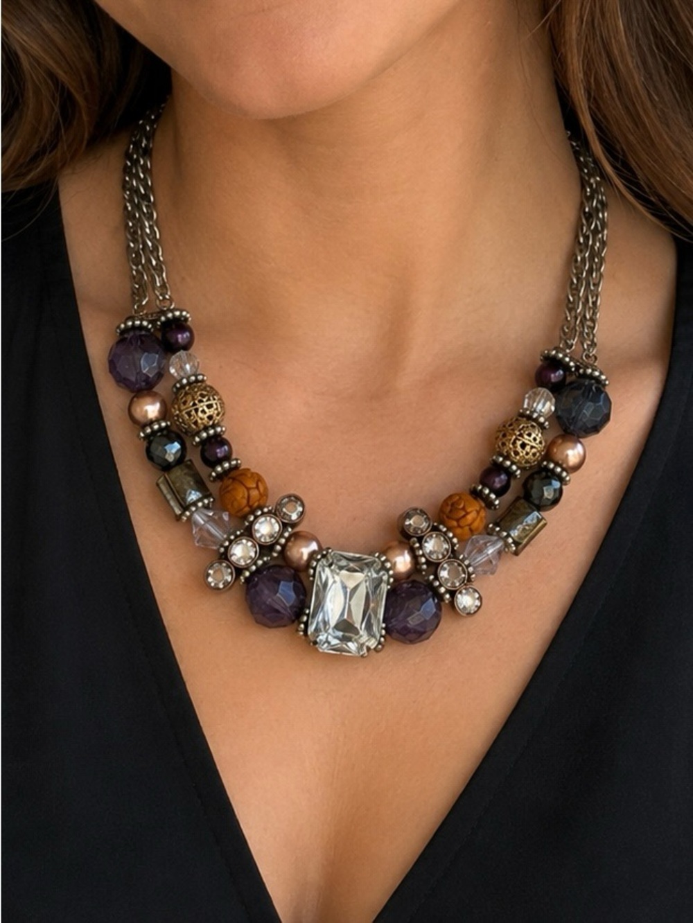 Vintage Inspired Statement Necklace in Purple Bronze & Gold Tones Multi Strand